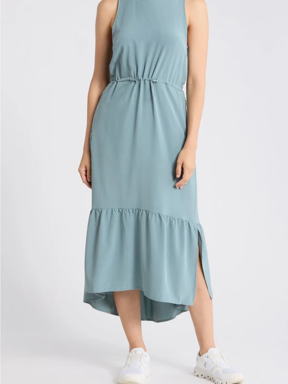 Sleeveless High-Low Midi Dress in Dusty Blue